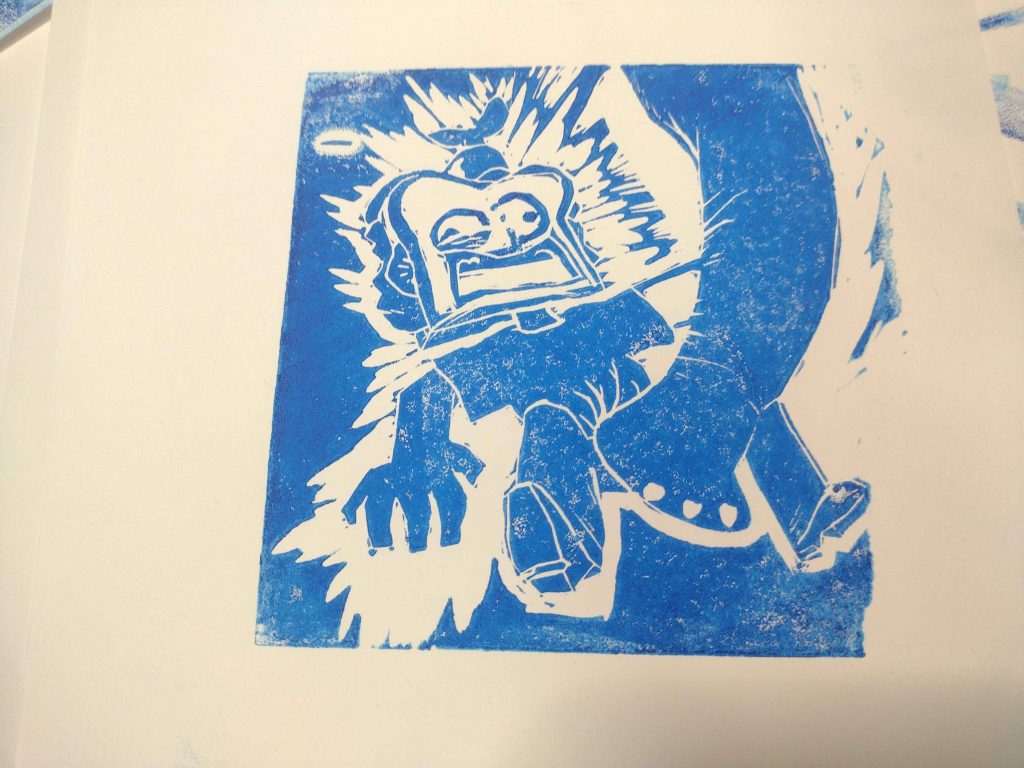 a linocut print of a sandwich man getting stepped on by an elephant